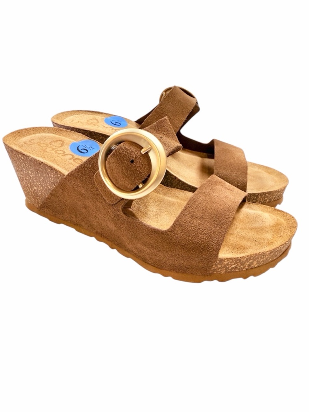 Yokono 6.5 Suede Wedge Slide Sandals with Gold Buckle Brown Tan Boho